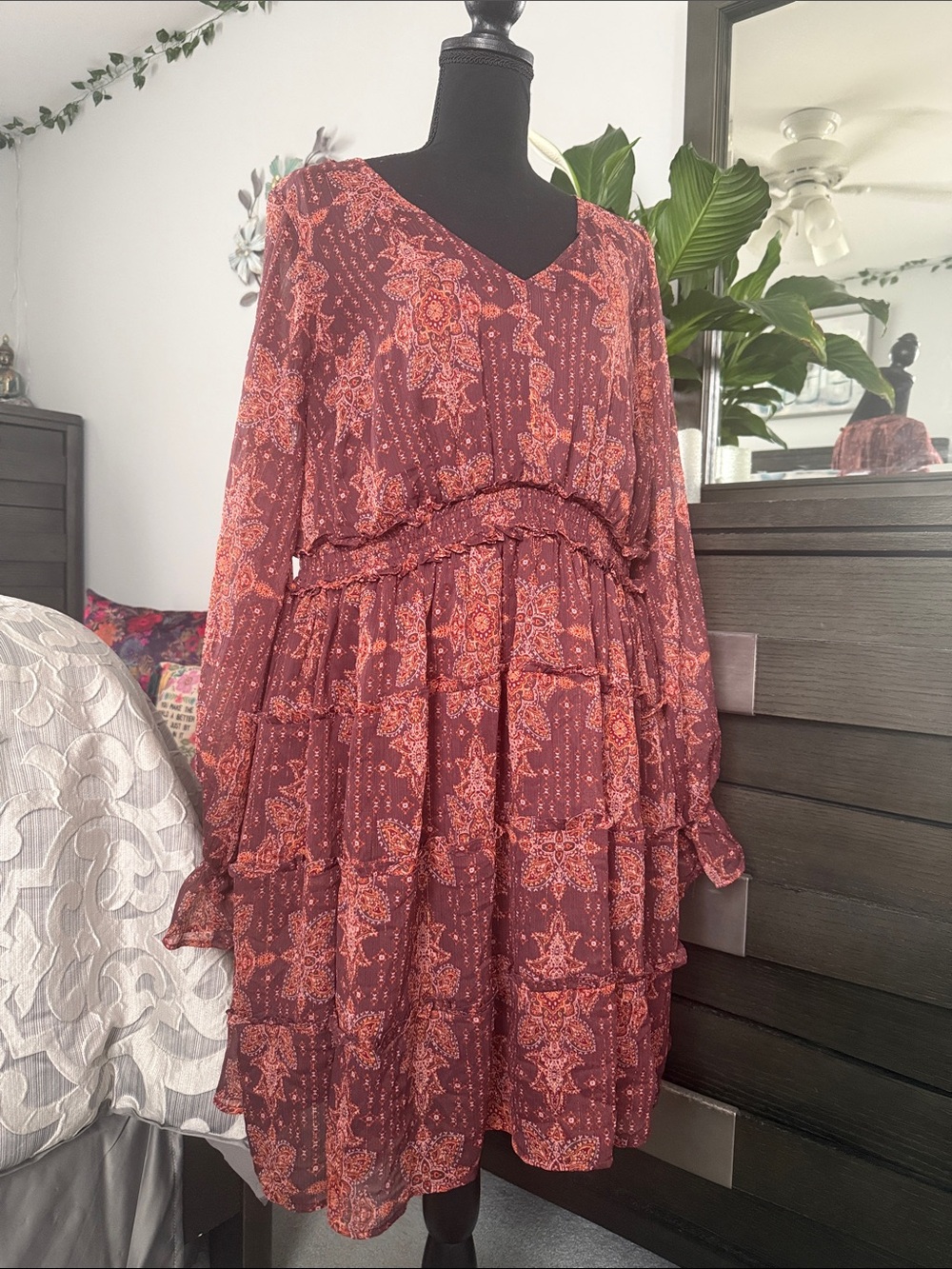 torrid Rust and Coral Tiered V-Neck Long Sleeve Dress